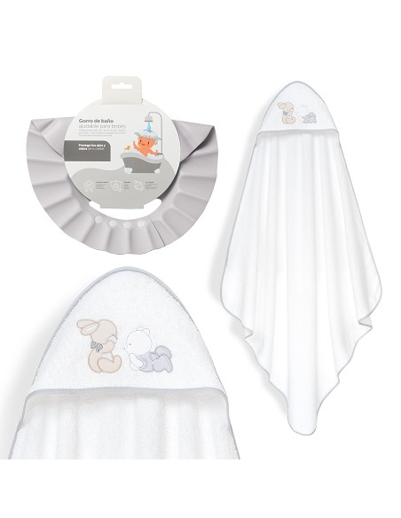 Capa Baño 1X1 Mod Oso Tumbado Conejito+Gorro Bco/Gris
