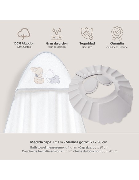 Capa Baño 1X1 Mod Oso Tumbado Conejito+Gorro Bco/Gris