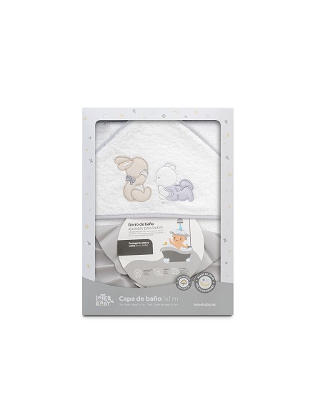 Capa Baño 1X1 Mod Oso Tumbado Conejito+Gorro Bco/Gris