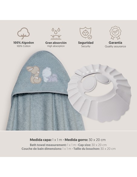 Capa Baño 1X1 Mod Oso Tumbado Conejito+Gorro Gris