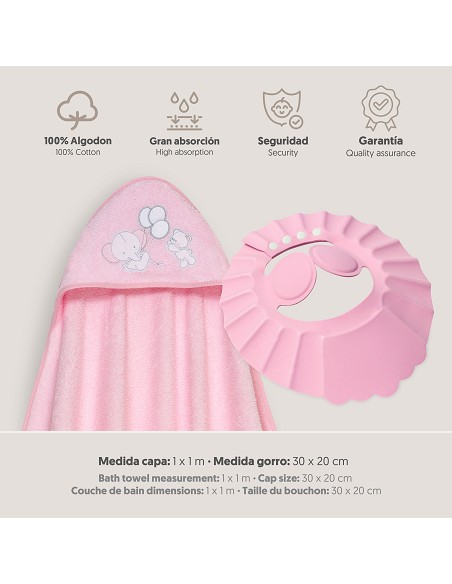 Capa Baño 1X1 Mod Oso Elefante Globos+Gorro Rosa