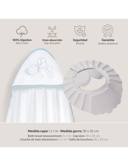 Capa Baño 1X1 Mod Oso Elefante Globos+Gorro Bco/Azul