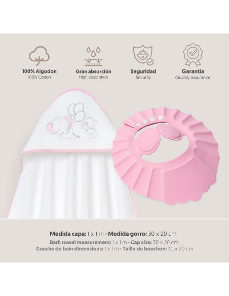 Capa Baño 1X1 Mod Oso Elefante Globos+Gorro Bco/Rosa
