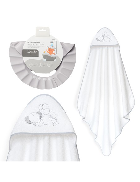 Capa Baño 1X1 Mod Oso Elefante Globos+Gorro Bco/Gris