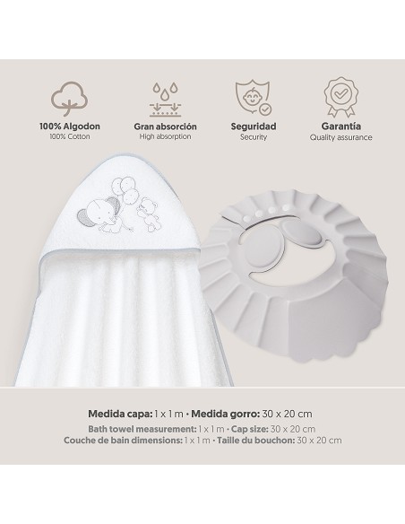 Capa Baño 1X1 Mod Oso Elefante Globos+Gorro Bco/Gris