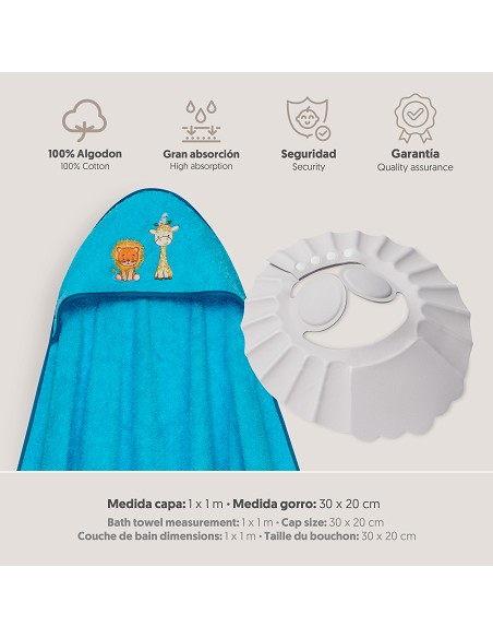 Capa Baño 1X1 Mod Leon Jirafa Pajarito+Gorro Turquesa