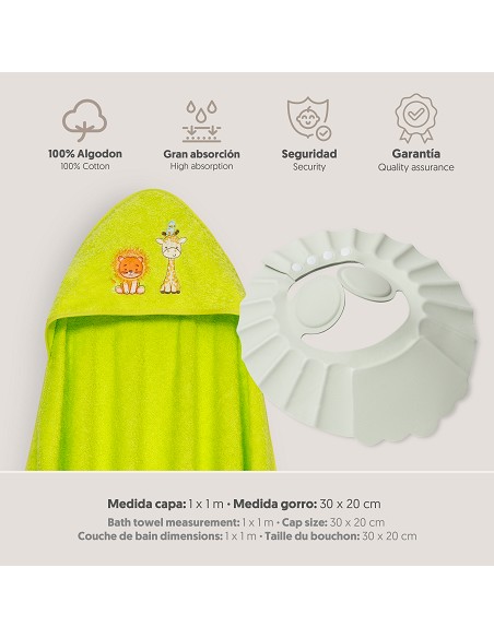Capa Baño 1X1 Mod Leon Jirafa Pajarito+Gorro Pistacho