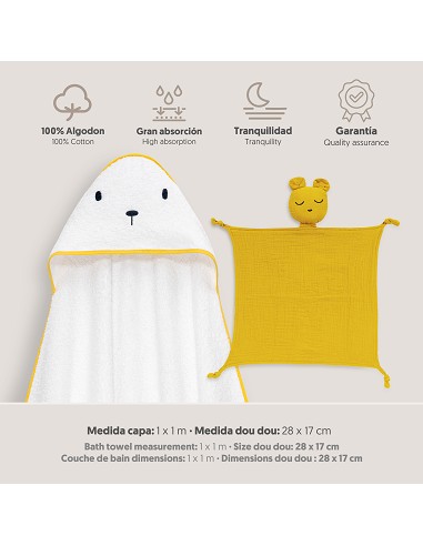 Capa Baño 1X1 Mod Oso+Dudu Muselina Bco/Amarillo