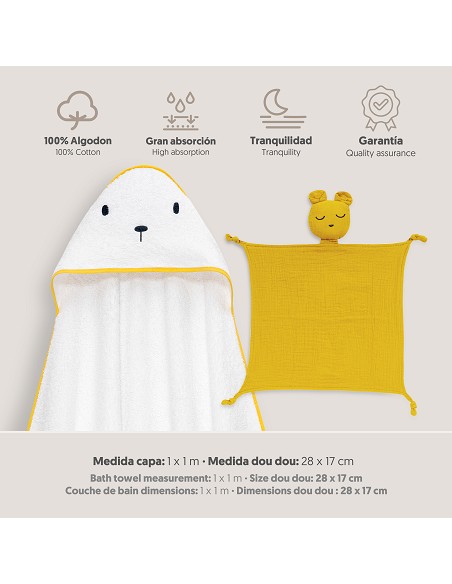 Capa Baño 1X1 Mod Oso+Dudu Muselina Bco/Amarillo