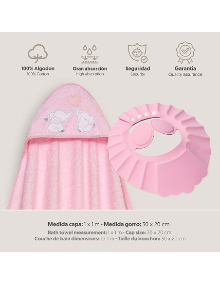 Capa Baño 1X1 Mod Parejita Elefante+Gorro Rosa