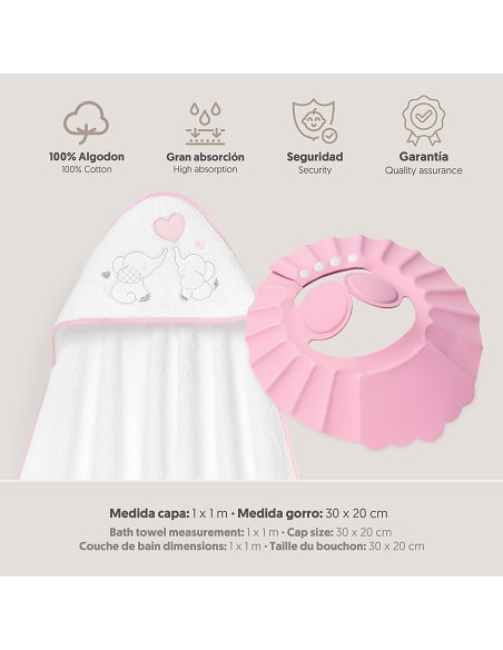 Capa Baño 1X1 Mod Parejita Elefante+Gorro Bco/Rosa
