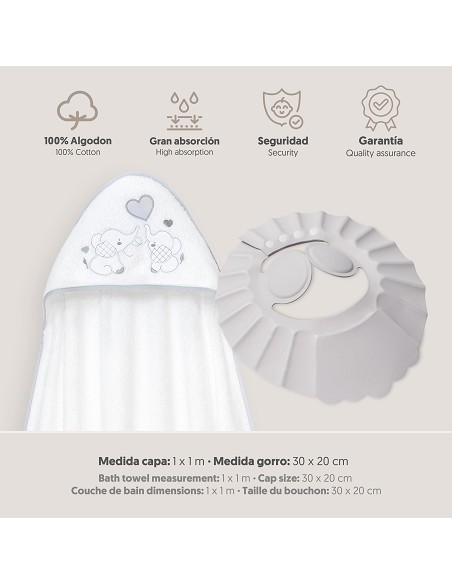 Capa Baño 1X1 Mod Parejita Elefante+Gorro Bco/Gris