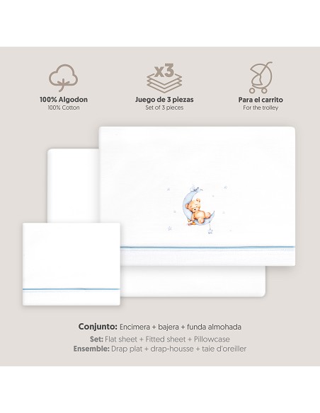 Triptico Coche Estampado Oso Luna Estrellas Bco/Azul