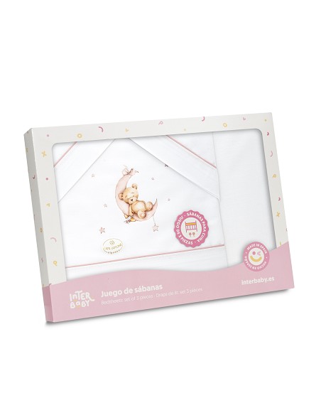 Triptico Coche Estampado Oso Luna Estrellas Bco/Rosa