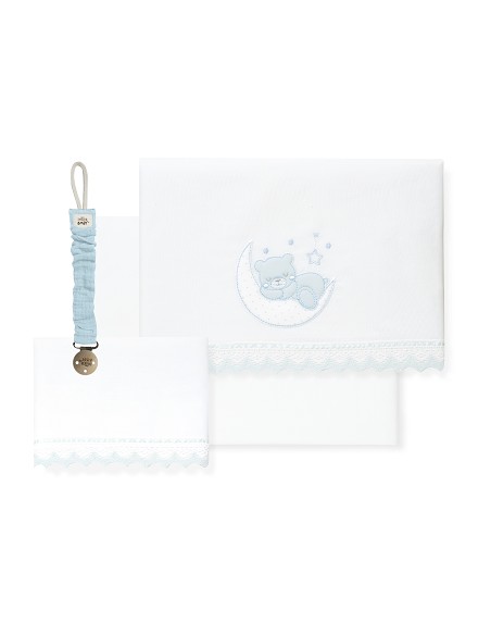 Triptico Cuna Oso Luna Guipur+Broche Bco/Azul