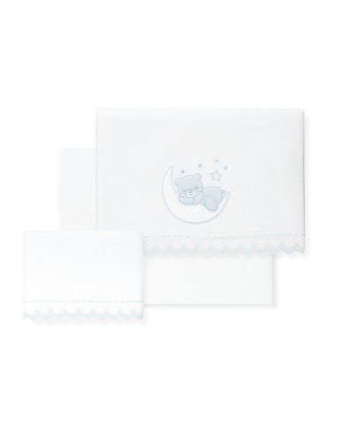 Triptico Cuna Oso Luna Guipur+Broche Bco/Azul