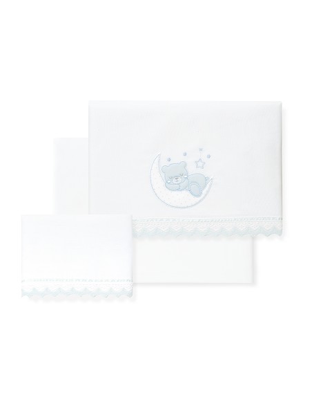 Triptico Cuna Oso Luna Guipur+Broche Bco/Azul