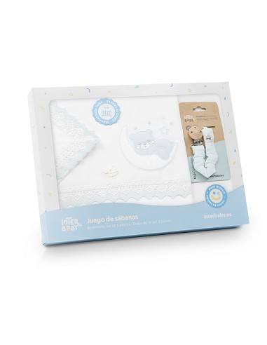 Triptico Cuna Oso Luna Guipur+Broche Bco/Azul