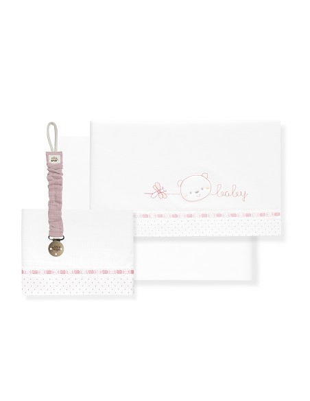 Triptico Cuna Cara Osito Baby Pasacinta + Broche Bco/Rosa