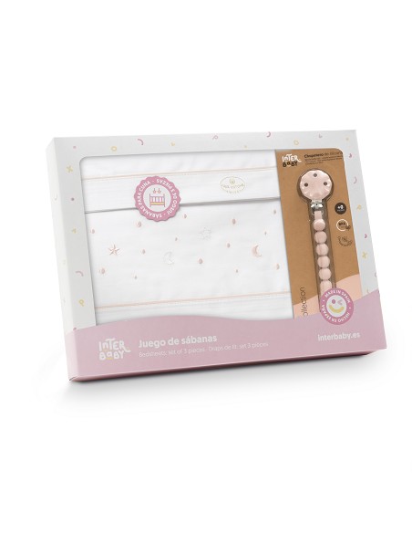 Triptico Cuna Estrellas Luna+Broche Bco/Rosa