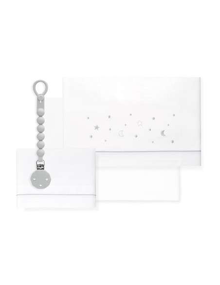 Triptico Cuna Estrellas Luna+Broche Bco/Gris