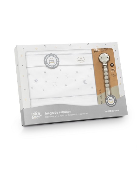 Triptico Cuna Estrellas Luna+Broche Bco/Gris