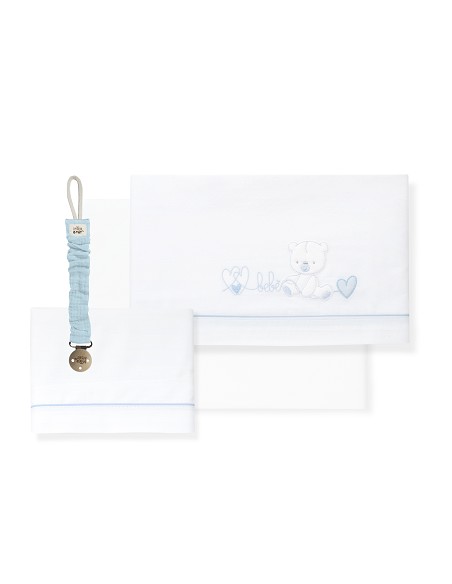 Triptico Cuna Corazon Oso Bebe+Broche Bco/Azul