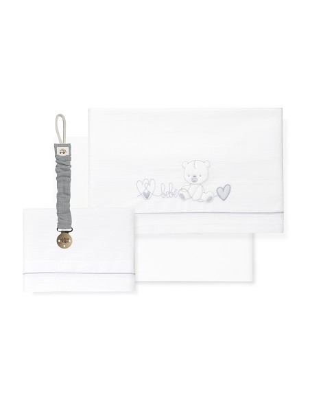 Triptico Cuna Corazon Oso Bebe+Broche Bco/Gris