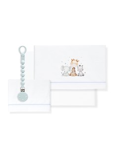 Triptico Cuna Estampado Jirafa Elefante+Broche Bco/Azul