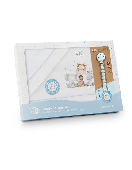 Triptico Cuna Estampado Jirafa Elefante+Broche Bco/Azul