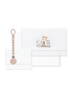 Triptico Cuna Estampado Jirafa Elefante+Broche Bco/Rosa