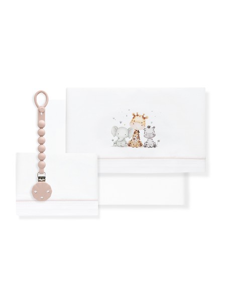 Triptico Cuna Estampado Jirafa Elefante+Broche Bco/Rosa