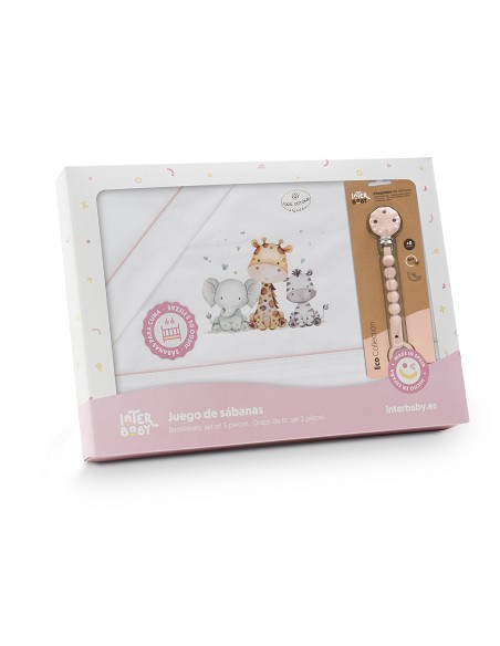 Triptico Cuna Estampado Jirafa Elefante+Broche Bco/Rosa