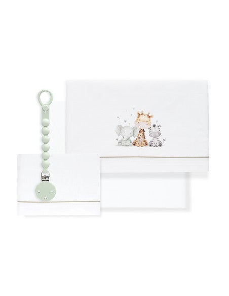 Triptico Cuna Estampado Jirafa Elefante+Broche Bco/Verde