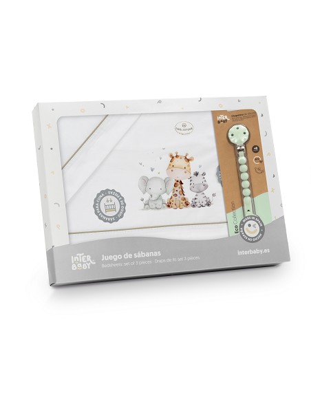 Triptico Cuna Estampado Jirafa Elefante+Broche Bco/Verde
