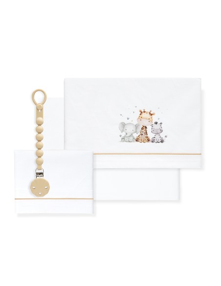 Triptico Cuna Estampado Jirafa Elefante+Broche Bco/Beig