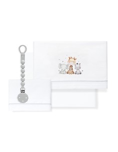 Triptico Cuna Estampado Jirafa Elefante+Broche Bco/Gris