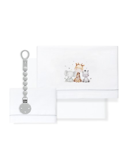 Triptico Cuna Estampado Jirafa Elefante+Broche Bco/Gris