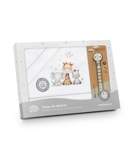 Triptico Cuna Estampado Jirafa Elefante+Broche Bco/Gris