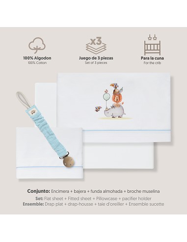 Triptico Cuna Estampado Rino-Leon+Broche Bco/Azul