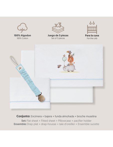 Triptico Cuna Estampado Rino-Leon+Broche Bco/Azul