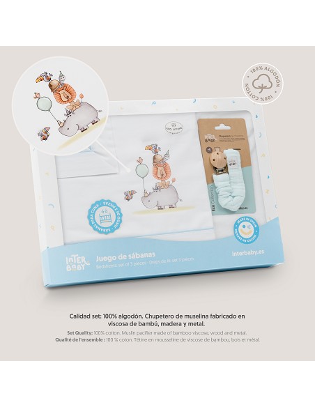 Triptico Cuna Estampado Rino-Leon+Broche Bco/Azul