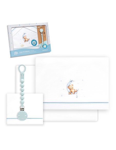 Triptico Cuna Estampado Oso Luna Estrellas + Broche Bco/Azul