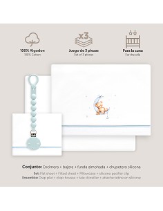 Triptico Cuna Estampado Oso Luna Estrellas + Broche Bco/Azul 2