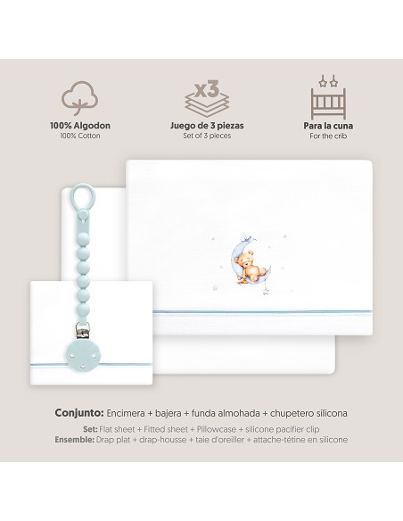 Triptico Cuna Estampado Oso Luna Estrellas + Broche Bco/Azul