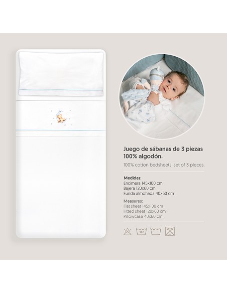Triptico Cuna Estampado Oso Luna Estrellas + Broche Bco/Azul
