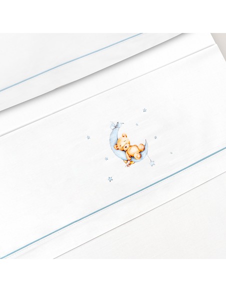 Triptico Cuna Estampado Oso Luna Estrellas + Broche Bco/Azul