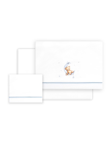 Triptico Cuna Estampado Oso Luna Estrellas + Broche Bco/Azul