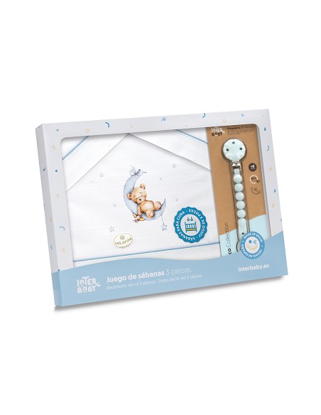Triptico Cuna Estampado Oso Luna Estrellas + Broche Bco/Azul