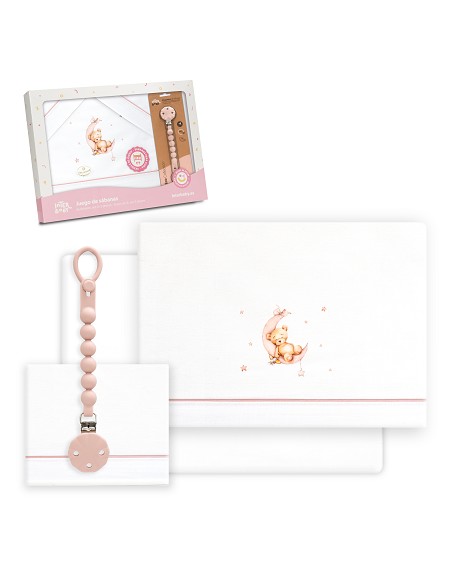 Triptico Cuna Estampado Oso Luna Estrellas + Broche Bco/Rosa